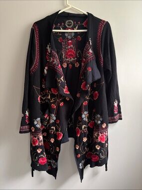 Johnny Was Biya Embroidered Black Open-Front Women's Duster Cardigan